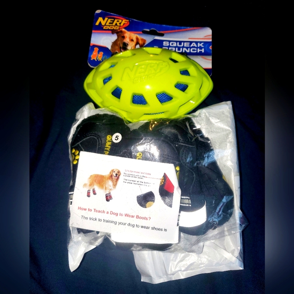 : 2 pc bundle QUMY Dog Boots Waterproof Anti-Slip Sole Sz 5 & nerf ball